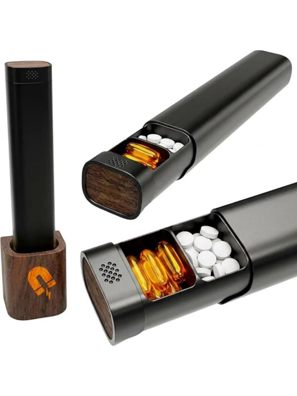 7-Day Pill Organizer with Aluminum Design, Real Wood Base, TSA Approved Travel